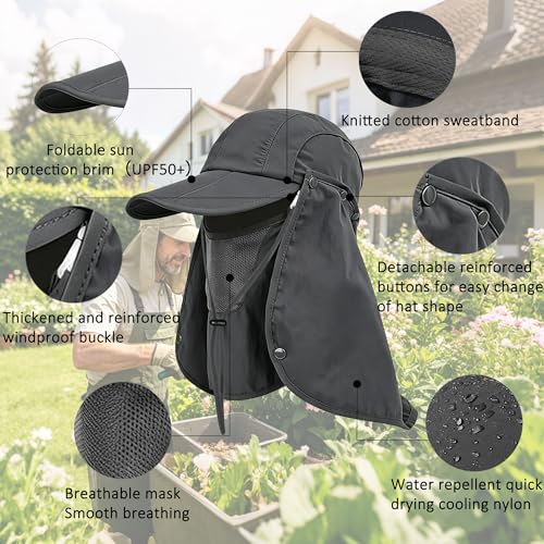 2Pack Men’s Foldable Sun Hat with Removable Face Mask & Neck Flap, UPF 50+ UV Protection, Quick-Drying Outdoor Fishing Cap - color: Dark Grey+light Grey