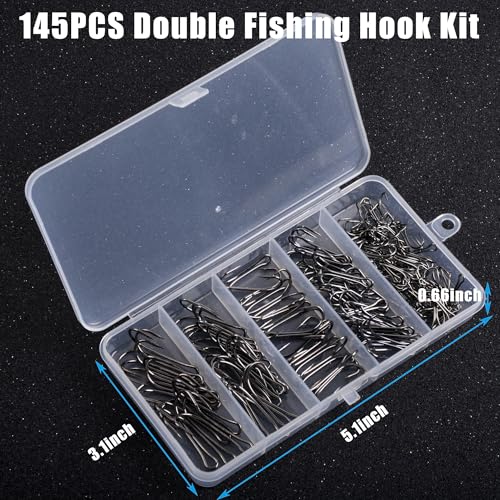 Fishing Double Hooks with Tackle Box,145pcs Classic Double Frog Hooks Open Shank 3X Strong Fly Tying Hook High Carbon Steel Barbed Hook for Saltwater Freshwater 1/0 2# 4# 6# 8#