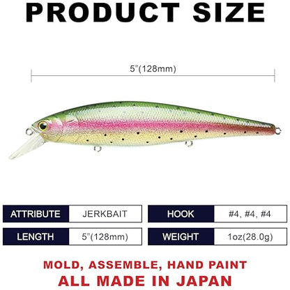 LUCKY CRAFT Pointer 128SP, Freshwater Lake Bass Fishing Lure, Jerkbait, Suspending, Fishing Gear, Fishing Accessories, Fishing Tackle - color: 276 Laser Rainbow Trout