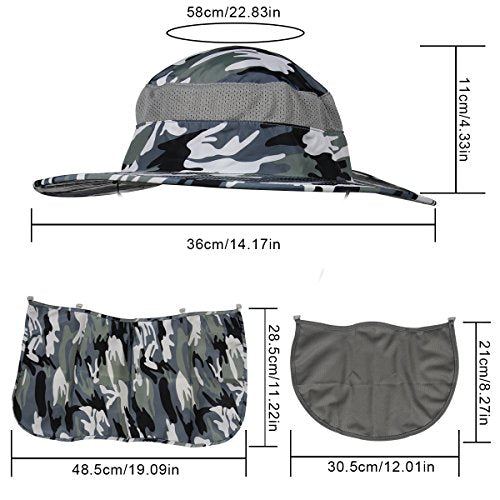 YR.Lover Outdoor UV Sun Protection Wide Brim Fishing Cap with Removable Flap - color: Gray Camouflage2