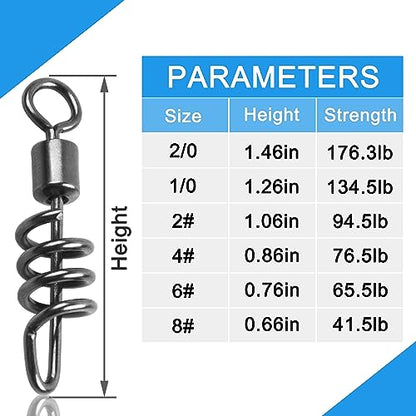 SILANON Fishing Corkscrew Snaps Swivel, 50pcs Stainless Steel Swirl Snap Swivels Barrel Rolling Swivels with Corkscrew Quick Clips Saltwater Freshwater Fishing Lure Line Connectors 2/0-8# - size: 8#-95lb-50pcs