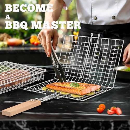 ivtivfu Fish Grill Basket Set, Removable Wooden Handle, 304 Stainless Steel, Nesting BBQ Tools, Smoker Grilling Accessories for Vegetable, Outdoor Cooking Camping, Birthday Gifts for Men Dad Husband