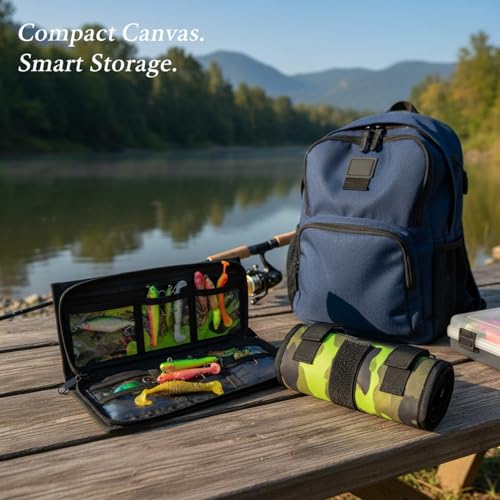 Fishing Lure Storage Bag, Canvas Roll Up Tackle Organizer for Soft Baits, Compact Portable Wrap for Backpack and Gear (1 PC)