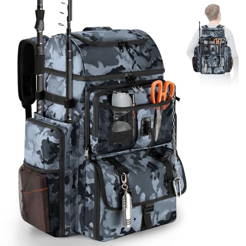 VJI Fishing Tackle Backpack with Rod Holder, Large Tactical Backpack, Fishing Gear Tackle Box Tactical Backpack, Water Resistant Sport Bag and Equipment - color: Black Camo