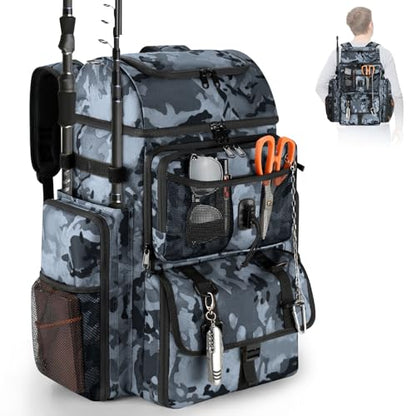 VJI Fishing Tackle Backpack with Rod Holder, Large Tactical Backpack, Fishing Gear Tackle Box Tactical Backpack, Water Resistant Sport Bag and Equipment - color: Black Camo