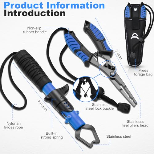 RoundFunny Fish Lip Gripper Pliers, Combo Fishing Tool Kit Stainless Steel Multifunction Hook Remover, Split Ring Pliers with Lanyards Sheath for Fly, Easter Fishing Basket Gift Gear Men Women - color: Blue