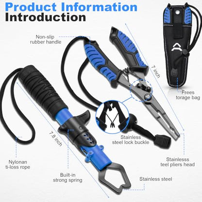 RoundFunny Fish Lip Gripper Pliers, Combo Fishing Tool Kit Stainless Steel Multifunction Hook Remover, Split Ring Pliers with Lanyards Sheath for Fly, Easter Fishing Basket Gift Gear Men Women - color: Blue