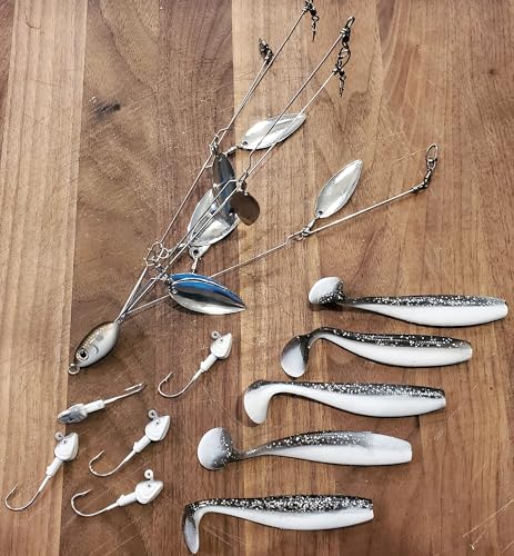 Fishing Vault Fully Rigged 5 Arms 8 Bladed Umbrella Rig Bass Lure W/Swim Baits and Jig Heads Included
