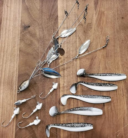 Fishing Vault Fully Rigged 5 Arms 8 Bladed Umbrella Rig Bass Lure W/Swim Baits and Jig Heads Included