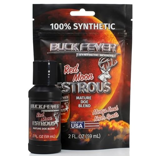 Buck Fever Red Moon Estrous – Synthetically Formulated Deer Liquid Attractant – Non-Spoiling, Sweet Synthetic Buck Attractant Scent – Moisture Reactivated Mature Rutting Buck Scent - size: 2oz (12-pack)