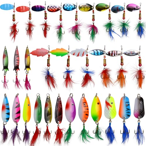Spinner Baits Bass Lures Rooster Feather Tail Trout Lures Hard Metal Inline Spinner Bait Fishing Lure for Bass Salmon Trout - style: 30pcs Spinnerbaits Kit