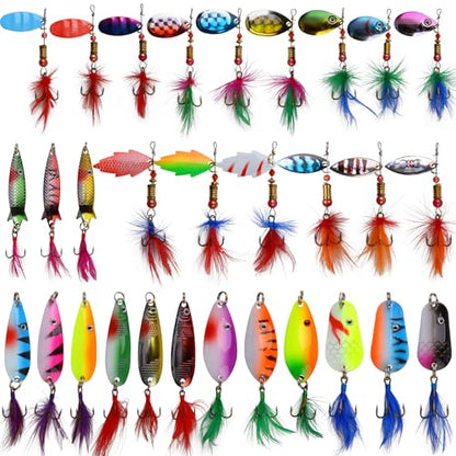 Spinner Baits Bass Lures Rooster Feather Tail Trout Lures Hard Metal Inline Spinner Bait Fishing Lure for Bass Salmon Trout - style: 30pcs Spinnerbaits Kit