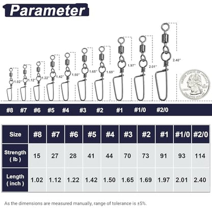 QISHUO Barrel Stainless Snap Swivels Strength Saltwater Lure Connector Fishing Steel Clips Fishing Swivel Rolling Black Nickel - size: Size4 (44lb) 50 pcs