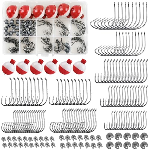 166pcs Fishing Hook Bobber Tackle Kit,Beginner Equipment Fishing Float Bobbers,Circle Hooks,Sinker Weights Bass Fish Hook,Octopus Baitholder Hooks Starter Kit for Artificial Live Bait
