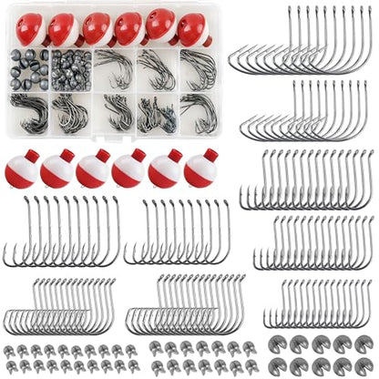 166pcs Fishing Hook Bobber Tackle Kit,Beginner Equipment Fishing Float Bobbers,Circle Hooks,Sinker Weights Bass Fish Hook,Octopus Baitholder Hooks Starter Kit for Artificial Live Bait