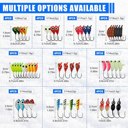 Ice Fishing Jig Kits,Luminous Ice Fishing Lures Micro Jig Head Hooks Fish Gear Tackle Accessories Winter Fishing Jigging for Crappie Pike Panfish Walleye Perch Bluegill - color: Colorful - 48pcs