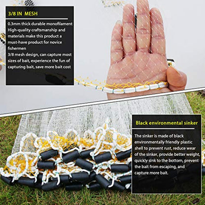 Drasry Saltwater Fishing Cast Net for Bait 3/8 1/4 or 1/2 with Heavy Sinkers Fish Trap Throw Net. Size 3ft/4ft/5ft/6ft/7ft/8ft/9ft/10ft Radius Freshwater Nets - size: 7FT (210cm) Radius, style: Pvc-0.3mm Mono 3/8mesh