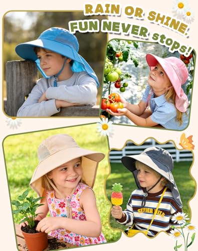 Rosoz Kids Sun Hat with Neck Flap UV Protection Summer Toddler Beach Hat Unisex Ponytail Hat Wide Brim Fishing Hat - color: Dark Green+light Grey