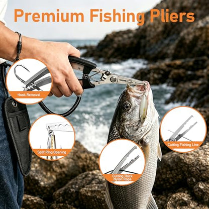 6.5 Inch Long Black Fish Pliers, Lockable Stainless Steel Fishing Tool with Lanyard, Durable Fishing Pliers with Line Cutter for Saltwater & Freshwater Hook Remover