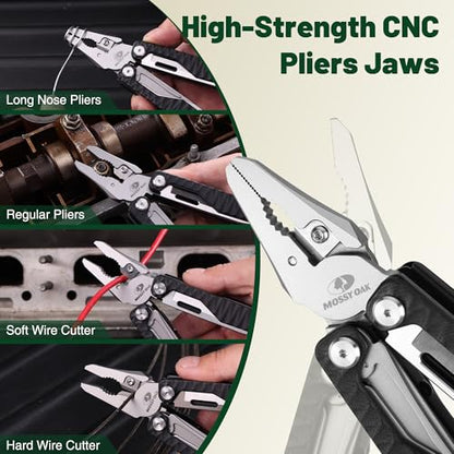 MOSSY OAK 17-in-1 Multitool Pliers CNC-Machined Steel G10 Handle | Includes nylon sheath and belt clip with anti-slip G10 handle for camping, hiking, hunting, survival, and EDC use - style: 17-in-1 with CNC Pliers & G10 Handle