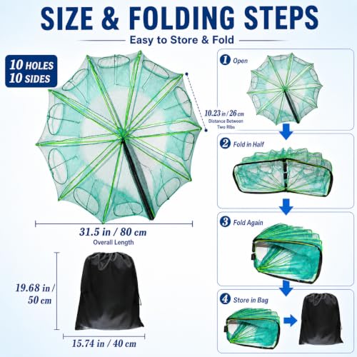 Fishing Bait Trap, 10-Hole 10-Sided Foldable Fishing Net Trap, Portable Nylon Mesh Collapsible Fish Trap with Storage Bag for Minnow Crab Shrimp Crawfish, Freshwater Saltwater