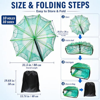Fishing Bait Trap, 10-Hole 10-Sided Foldable Fishing Net Trap, Portable Nylon Mesh Collapsible Fish Trap with Storage Bag for Minnow Crab Shrimp Crawfish, Freshwater Saltwater