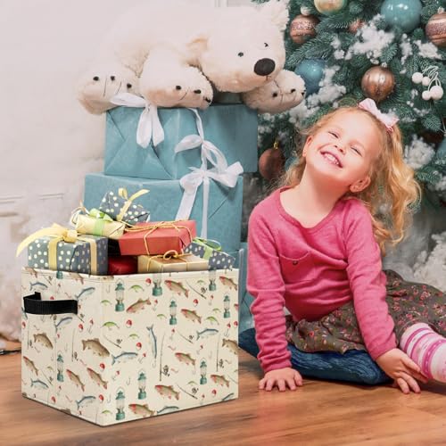 Fishing Nursery Storage Bins Box with Handles, Coastal Beach Nautical Fish Laundry Basket Hamper Collapsible Clothes Toys Organizer for Boys Kids Room Nursery Bedroom Bathroom