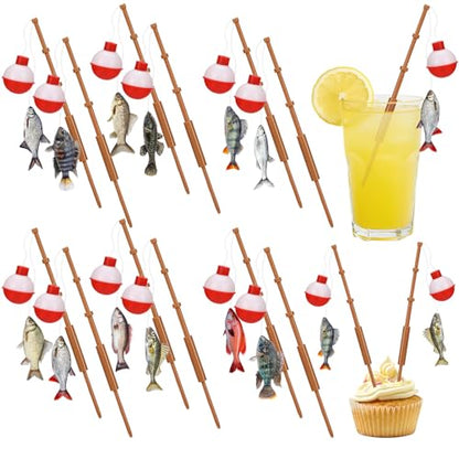 Reallnaive 24 Pcs Fishing Float Cupcake Toppers Fisherman Pole Picks Party Supplies Bulk, 3D Fish Bobber Push Button Round Buoy Floats for Fishing Birthday Party Decorations (Bobber, Fish) - style: Bobber, Fish