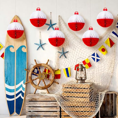 Fourluoo 12 Pcs Gone Fishing Party Decorations Fishing Bobbers Floats Honeycomb Ball for Fishermen Party Supplies Bobber Paper Hanging Ceiling Sign for Birthday Baby Shower Decor(Red,5.9 x 7 Inch) - size: 5.9 x 7 Inch