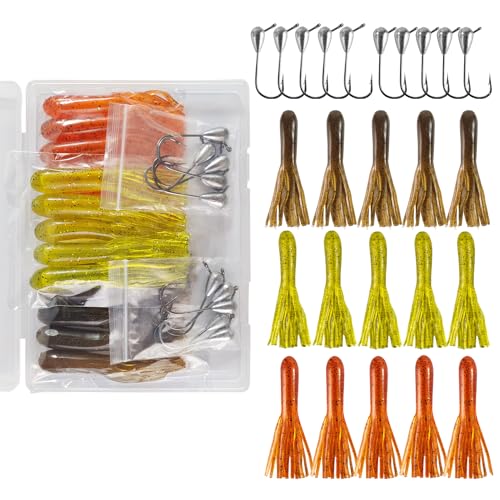 Eupheng Tube Baits for Bass Fishing, Soft Plastic Bait Worm Tube Jig Kit Tube Worms with Tube Jig Heads for Lake Trout Smallmouth Largemouth Bass - size: 3.5" tube(15)+1/4oz(5)+3/8oz(5)TUBE jigs