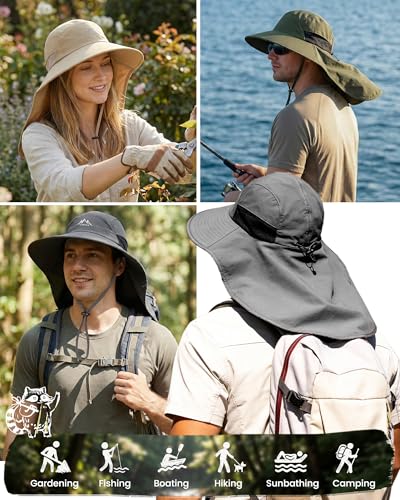 FURTALK Sun Hats for Men Women Fishing Hat with Neck Flap Chin Strap UPF 80+ Wide Brim Hiking Safari Summer Hats - color: Dark Grey