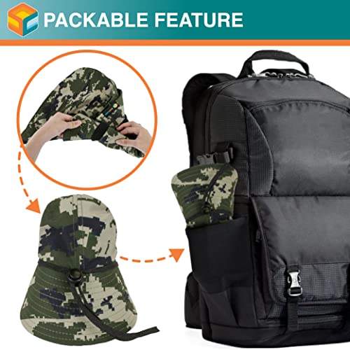 SUN CUBE UPF50+ Sun Hat for Men Women with Neck Flap, Wide Brim UV Protection Fishing Safari Hat for Hiking Beach Gardening - color: Green Camo