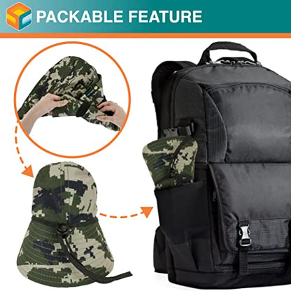 SUN CUBE UPF50+ Sun Hat for Men Women with Neck Flap, Wide Brim UV Protection Fishing Safari Hat for Hiking Beach Gardening - color: Green Camo
