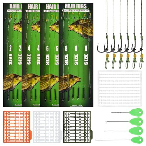 Carp Fishing Hair Rig Kits,26pcs/30pcs Sets Curved Barbed Carp Hook Swivel Boilies Bait Stops and Stringers Needle Fishing Bait Rigs Braided Thread Line Carps Fishing Accessories - color: Size 2#-8#(4 Packs) - 30pcs