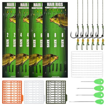 Carp Fishing Hair Rig Kits,26pcs/30pcs Sets Curved Barbed Carp Hook Swivel Boilies Bait Stops and Stringers Needle Fishing Bait Rigs Braided Thread Line Carps Fishing Accessories - color: Size 2#-8#(4 Packs) - 30pcs