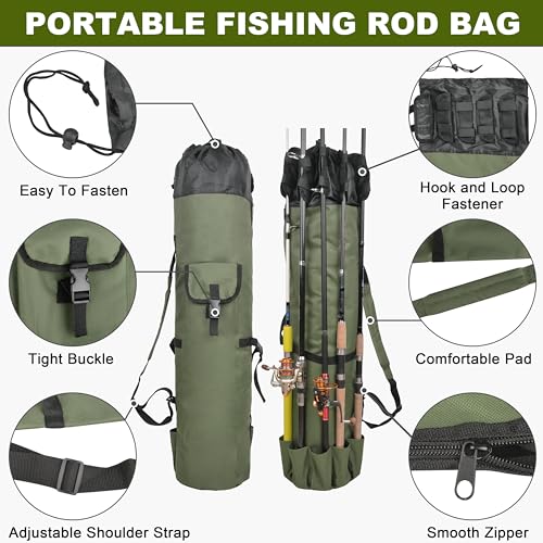 SILANON Fishing Rod Bag Pole Holder, Portable Fishing Rod Case Carrier Canvas Pole Storage Bag Travel Carry Case Waterproof Fishing Tackle Gear Organizer - color: Khaki Green