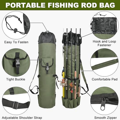 SILANON Fishing Rod Bag Pole Holder, Portable Fishing Rod Case Carrier Canvas Pole Storage Bag Travel Carry Case Waterproof Fishing Tackle Gear Organizer - color: Khaki Green