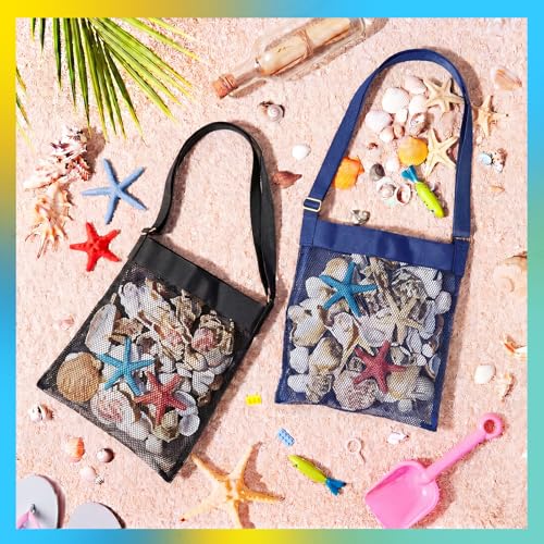 VioraWhite 2 Pcs Extra Large 14 x 16inch Clam Mesh Chum Beach Bags for Seashells Clams Treasures Sand Away Foldable Shell Collection Bags with Adjustable Straps (Black,Dark Blue) - color: Black, Dark Blue