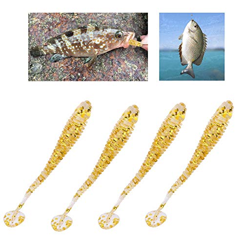 Tbest 50 Pcs 5cm Soft Fishing Lures, Plastic Fishing Bait T-Tail Grub Worm Baits Fish Tackle Accessory 9 Colors - color: Gold