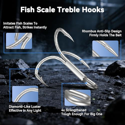 Treble Fishing Hooks, 4X Strong High Carbon Alloy Steel Triple Hooks, Sharp Barbed Fish Scale Pattern Fish Hooks,Freshwater Saltwater Sizes #8-3/0 - size: 8