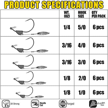 Underspin-Jig-Heads-Swimbait-Hooks-with-Spinner Blades Weighted Fishing Hooks 6 Pack - size: Size 3/0,3/16oz 5.4g, 6-pack