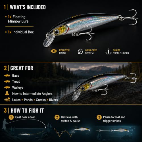 Floating Minnow Fishing Lure, 3.35in 0.30oz ABS Hard Bait with BKK 3X Size 6 Treble Hooks, Weight Transfer Rattle, 1-3ft Shallow Diving Lure for Bass Trout Walleye, Boxed - color: B1-1PCS/0.3OZ-3.35"