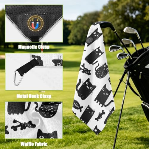 Black Cat Fish White Pattern Magnetic Golf Towel for Golf Bags Microfiber Golf Essentials for Men Women with Carabiner Clip Attaches to Carts and Clubs, 17.7"x17.7"