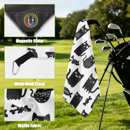 Black Cat Fish White Pattern Magnetic Golf Towel for Golf Bags Microfiber Golf Essentials for Men Women with Carabiner Clip Attaches to Carts and Clubs, 17.7"x17.7"