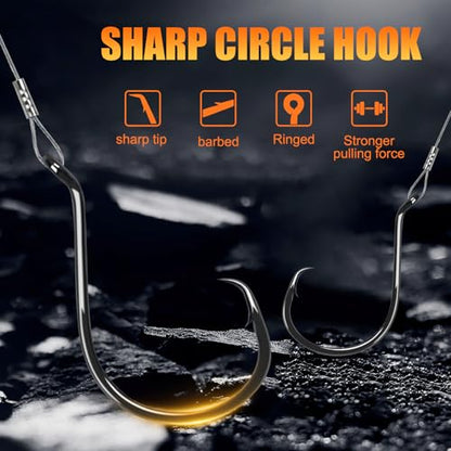 Circle Hooks Rigs, 15pcs Fishing Leader Rigs with Steel Leader Wire and Circle Hooks 1/0 2/0 3/0 4/0 5/0 6/0 7/0 8/0 9/0 10/0 for Bass, Catfish Fishing - size: 1/0