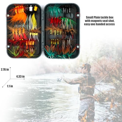 EXAURAFELIS Flying Flies kit Fishing Gear Fishing Lure 64/100/120PCS Dry Wet Flies Tackle Box Fly FishingLures for Bass Salmon Trout Freshwater Walleye Steelhead Bonefish Tarpon Saltwater - color: 64 pcs