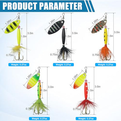 Spinner Baits Bass Lures Rooster Feather Tail Trout Lures Hard Metal Inline Spinner Bait Fishing Lure for Bass Salmon Trout - style: 5pcs Spinnerbaits Kit