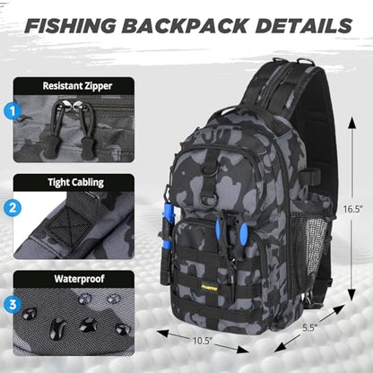 PLUSINNO Fishing Backpack with Fishing Rod and Reel Combos Tackle Boxes, Waterproof Tackle Backpack for Fishg Gear with Rod Holder, Fish Gifts for Men with Tool Kit - color: Black Camo Backpack With Rod and Reel Combo