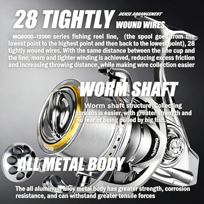 Heavy Duty Spinning Reel Metal Body with CNC Machined Spool 55LB Max Drag 8/10+1 BB Ultra Smooth 4.1/4.6/4.8:1 High Speed Gear Ratio Saltwater Freshwater Fishing Reel for 8000 to 16000 Series - color: MQ12000
