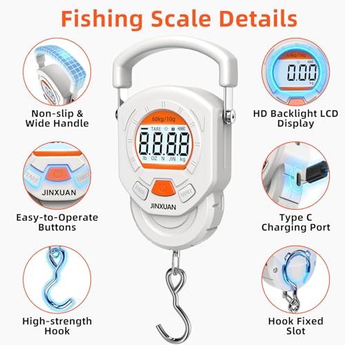 Fishing Scale Luggage Scale 132lb/60kg Digital Fish Scale, Fish Weight Scale with Backlit LCD Display, Luggage Weight Scale with 4 Units, 2 AAA Batteries, Hanging Scale for Fishermen Travelers - style: Battery Powered